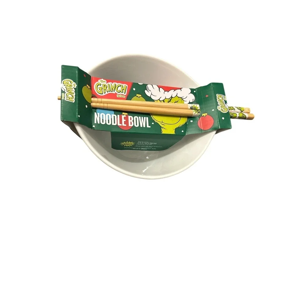 Dr Seuss Grinch Ceramic Noodle Bowl w/ Chopsticks Christmas Holiday NEW Gift